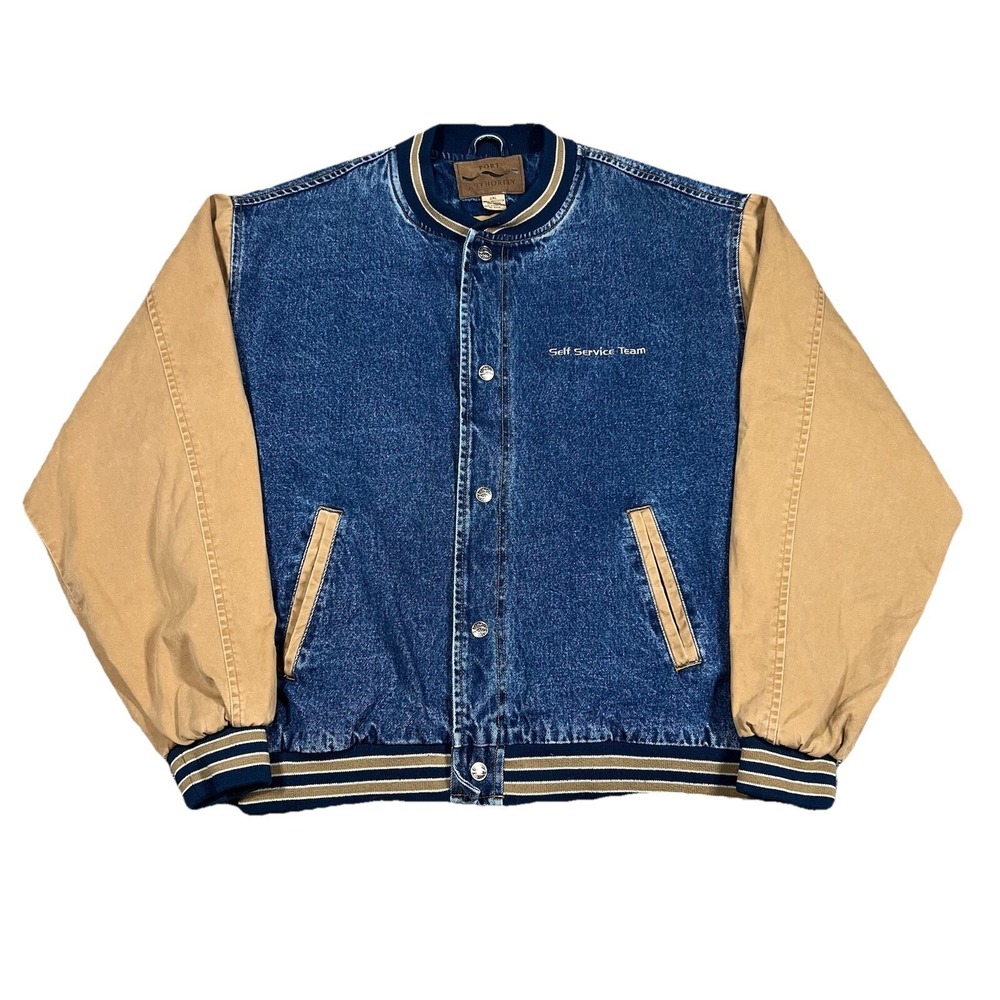 Vintage 1990s Denim Varsity Jacket ATM Promo Self Service Team Tan Sleeves NCR